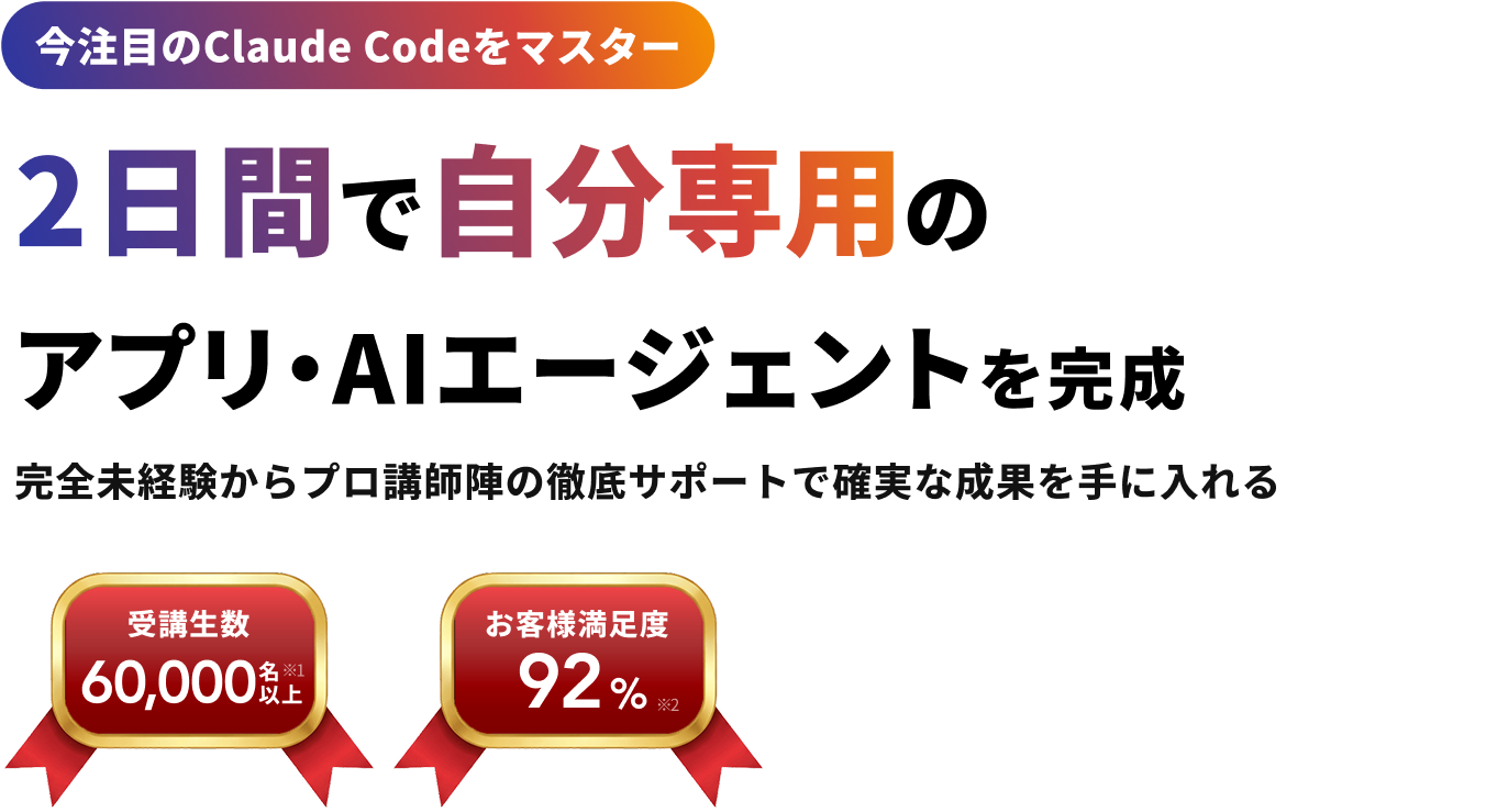 今注目のClaude Codeをマスター 土日の2日間で アプリ・AIエージェントを完成 完全未経験からプロ講師陣の徹底サポートで確実な成果を手に入れる 受講生数 60,000名以上※1 お客様満足度 92%※2